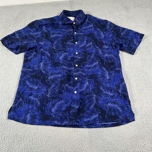 Tasso Elba Shirt Mens Large Blue Palm Leaf Hawaiian Silk Linen Button Up Casual